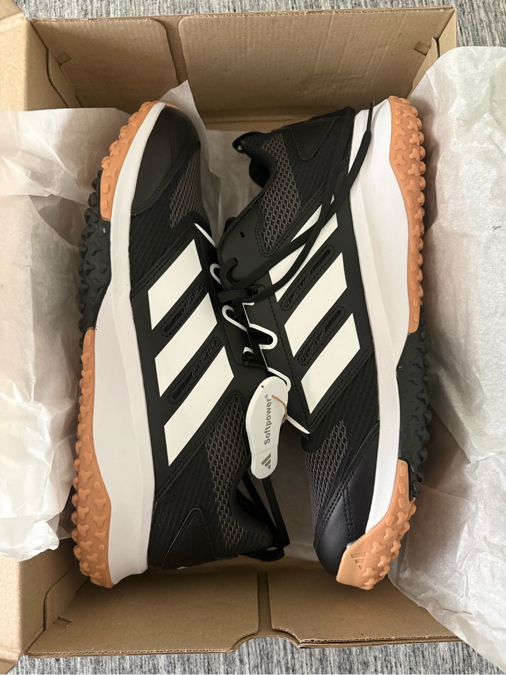 Adidas Black Athletic Turf Shoes with Gum Outsole and White Stripes